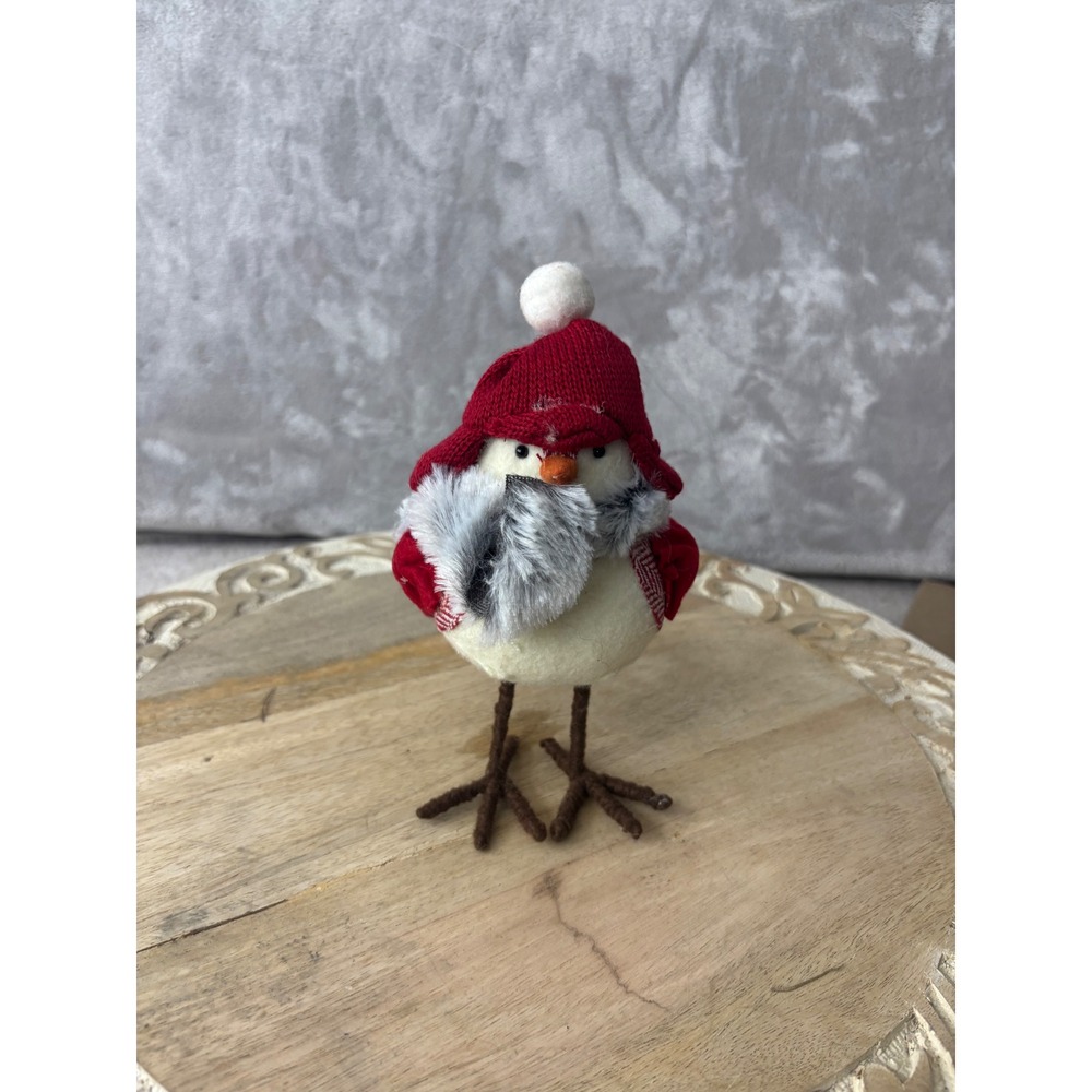 Christmas Winter Fabric Birdโ Figurine Red Knit Hat Faux Fur Scarf 7 Inch Decor